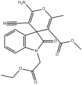 methyl 6-amino-5-cyano-2',3'-dihydro-1'-(2-ethoxy-2-oxoethyl)-2-methyl-2'-oxospiro[4H-pyran-4,3'-(1'H)-indole]-3-carboxylate Struktur