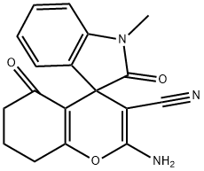 2'-amino-3'-cyano-1-methyl-1,3,5',6',7',8'-hexahydro-2,5'-dioxospiro[2H-indol-3,4'-(4'H)-chromene] Struktur