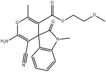 3-{2-methoxyethoxycarbonyl}-6-amino-5-cyano-1',3'-dihydro-1',2-dimethyl-2'-oxospiro[4H-pyran-4,3'-(2'H)-indole] Struktur