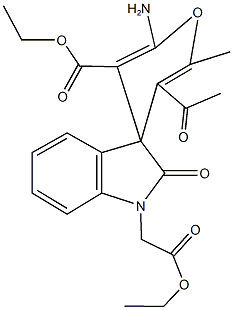 ethyl 1'-(2-ethoxy-2-oxoethyl)-5-acetyl-2-amino-2'-oxo-2',3'-dihydro-6-methyl-spiro[4H-pyran-4,3'-(2'H)-indole]-3-carboxylate Struktur