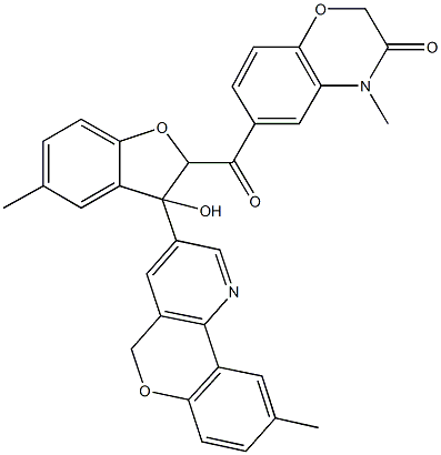 6-{[3-hydroxy-5-methyl-3-(9-methyl-5H-chromeno[4,3-b]pyridin-3-yl)-2,3-dihydro-1-benzofuran-2-yl]carbonyl}-4-methyl-2H-1,4-benzoxazin-3(4H)-one Struktur