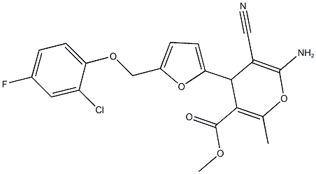 methyl 6-amino-4-{5-[(2-chloro-4-fluorophenoxy)methyl]-2-furyl}-5-cyano-2-methyl-4H-pyran-3-carboxylate Struktur