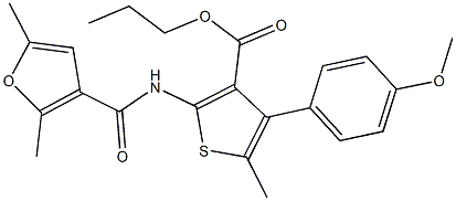 propyl 2-[(2,5-dimethyl-3-furoyl)amino]-4-(4-methoxyphenyl)-5-methyl-3-thiophenecarboxylate Struktur