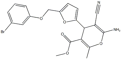 methyl 6-amino-4-{5-[(3-bromophenoxy)methyl]-2-furyl}-5-cyano-2-methyl-4H-pyran-3-carboxylate Struktur