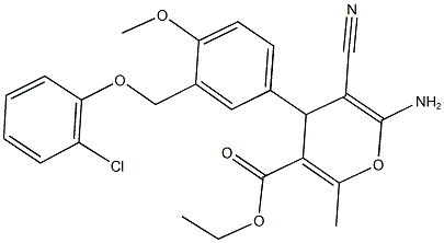 ethyl 6-amino-4-{3-[(2-chlorophenoxy)methyl]-4-methoxyphenyl}-5-cyano-2-methyl-4H-pyran-3-carboxylate Struktur