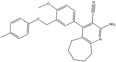 2-amino-4-{4-methoxy-3-[(4-methylphenoxy)methyl]phenyl}-6,7,8,9-tetrahydro-5H-cyclohepta[b]pyridine-3-carbonitrile Struktur