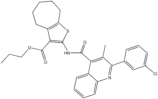 propyl 2-({[2-(3-chlorophenyl)-3-methyl-4-quinolinyl]carbonyl}amino)-5,6,7,8-tetrahydro-4H-cyclohepta[b]thiophene-3-carboxylate Struktur