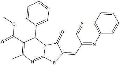 methyl 7-methyl-3-oxo-5-phenyl-2-(2-quinoxalinylmethylene)-2,3-dihydro-5H-[1,3]thiazolo[3,2-a]pyrimidine-6-carboxylate Struktur