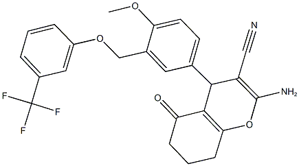 2-amino-4-(4-methoxy-3-{[3-(trifluoromethyl)phenoxy]methyl}phenyl)-5-oxo-5,6,7,8-tetrahydro-4H-chromene-3-carbonitrile Struktur