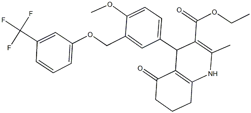 ethyl 4-(4-methoxy-3-{[3-(trifluoromethyl)phenoxy]methyl}phenyl)-2-methyl-5-oxo-1,4,5,6,7,8-hexahydro-3-quinolinecarboxylate Struktur