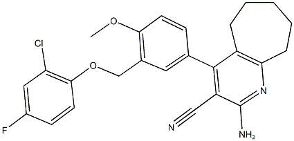 2-amino-4-{3-[(2-chloro-4-fluorophenoxy)methyl]-4-methoxyphenyl}-6,7,8,9-tetrahydro-5H-cyclohepta[b]pyridine-3-carbonitrile Struktur