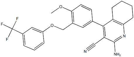 2-amino-4-(4-methoxy-3-{[3-(trifluoromethyl)phenoxy]methyl}phenyl)-5,6,7,8-tetrahydro-3-quinolinecarbonitrile Struktur