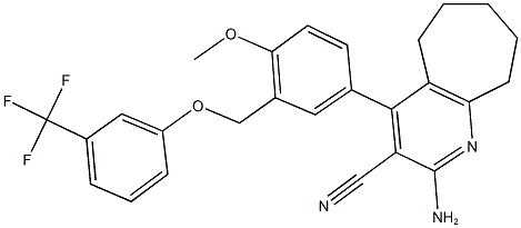 2-amino-4-(4-methoxy-3-{[3-(trifluoromethyl)phenoxy]methyl}phenyl)-6,7,8,9-tetrahydro-5H-cyclohepta[b]pyridine-3-carbonitrile Struktur