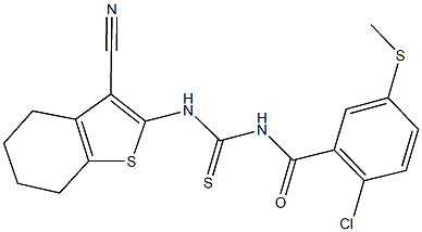 N-[2-chloro-5-(methylsulfanyl)benzoyl]-N'-(3-cyano-4,5,6,7-tetrahydro-1-benzothien-2-yl)thiourea Struktur