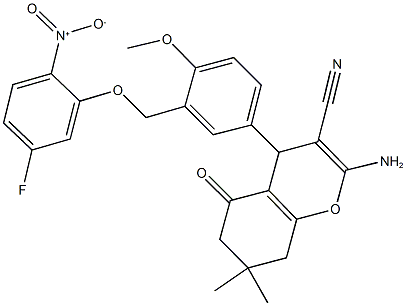 2-amino-4-[3-({5-fluoro-2-nitrophenoxy}methyl)-4-methoxyphenyl]-7,7-dimethyl-5-oxo-5,6,7,8-tetrahydro-4H-chromene-3-carbonitrile Struktur