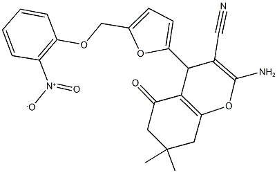 2-amino-4-[5-({2-nitrophenoxy}methyl)-2-furyl]-7,7-dimethyl-5-oxo-5,6,7,8-tetrahydro-4H-chromene-3-carbonitrile Struktur