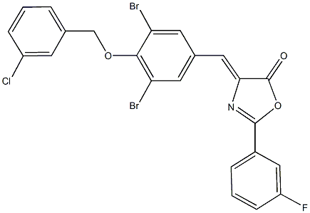 4-{3,5-dibromo-4-[(3-chlorobenzyl)oxy]benzylidene}-2-(3-fluorophenyl)-1,3-oxazol-5(4H)-one Struktur