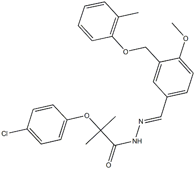 2-(4-chlorophenoxy)-N'-{4-methoxy-3-[(2-methylphenoxy)methyl]benzylidene}-2-methylpropanohydrazide Struktur