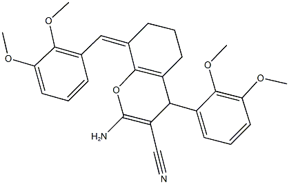 2-amino-8-(2,3-dimethoxybenzylidene)-4-(2,3-dimethoxyphenyl)-5,6,7,8-tetrahydro-4H-chromene-3-carbonitrile Struktur