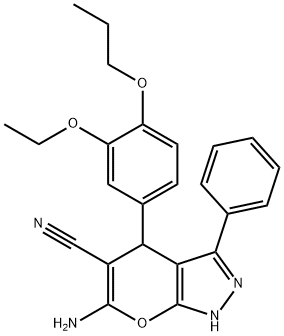 6-amino-4-[3-(ethyloxy)-4-(propyloxy)phenyl]-3-phenyl-1,4-dihydropyrano[2,3-c]pyrazole-5-carbonitrile Struktur