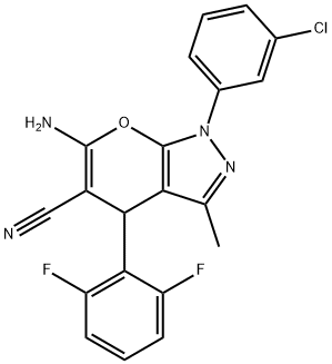 6-amino-1-(3-chlorophenyl)-4-(2,6-difluorophenyl)-3-methyl-1,4-dihydropyrano[2,3-c]pyrazole-5-carbonitrile Struktur