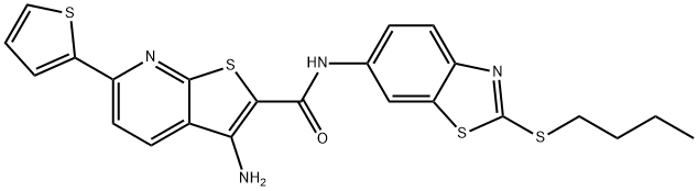 3-amino-N-[2-(butylsulfanyl)-1,3-benzothiazol-6-yl]-6-(2-thienyl)thieno[2,3-b]pyridine-2-carboxamide Struktur