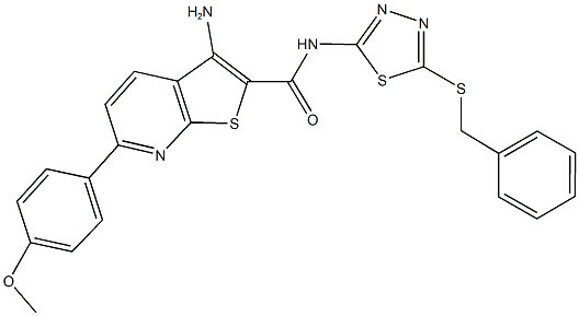 3-amino-N-[5-(benzylsulfanyl)-1,3,4-thiadiazol-2-yl]-6-(4-methoxyphenyl)thieno[2,3-b]pyridine-2-carboxamide Struktur