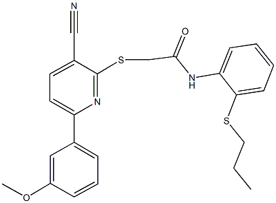 2-{[3-cyano-6-(3-methoxyphenyl)-2-pyridinyl]sulfanyl}-N-[2-(propylsulfanyl)phenyl]acetamide Struktur