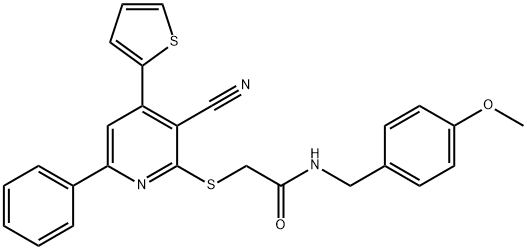 2-{[3-cyano-6-phenyl-4-(2-thienyl)-2-pyridinyl]sulfanyl}-N-(4-methoxybenzyl)acetamide Struktur