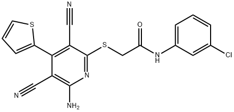 2-{[6-amino-3,5-dicyano-4-(2-thienyl)-2-pyridinyl]sulfanyl}-N-(3-chlorophenyl)acetamide Struktur