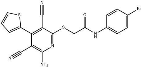 2-{[6-amino-3,5-dicyano-4-(2-thienyl)-2-pyridinyl]sulfanyl}-N-(4-bromophenyl)acetamide Struktur