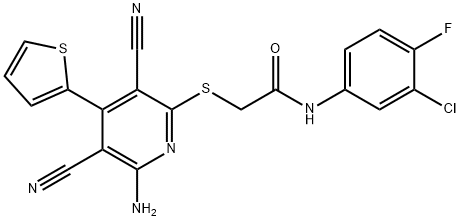 2-{[6-amino-3,5-dicyano-4-(2-thienyl)-2-pyridinyl]sulfanyl}-N-(3-chloro-4-fluorophenyl)acetamide Struktur