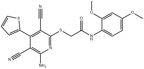 2-{[6-amino-3,5-dicyano-4-(2-thienyl)-2-pyridinyl]sulfanyl}-N-(2,4-dimethoxyphenyl)acetamide Struktur