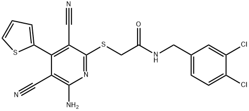 2-{[6-amino-3,5-dicyano-4-(2-thienyl)-2-pyridinyl]sulfanyl}-N-(3,4-dichlorobenzyl)acetamide Struktur