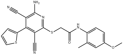 2-{[6-amino-3,5-dicyano-4-(2-thienyl)-2-pyridinyl]sulfanyl}-N-(4-methoxy-2-methylphenyl)acetamide Struktur