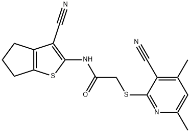 N-(3-cyano-5,6-dihydro-4H-cyclopenta[b]thien-2-yl)-2-[(3-cyano-4,6-dimethyl-2-pyridinyl)sulfanyl]acetamide Struktur