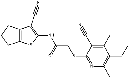 N-(3-cyano-5,6-dihydro-4H-cyclopenta[b]thien-2-yl)-2-[(3-cyano-5-ethyl-4,6-dimethyl-2-pyridinyl)sulfanyl]acetamide Struktur