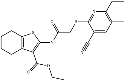 ethyl 2-({[(3-cyano-6-ethyl-5-methyl-2-pyridinyl)sulfanyl]acetyl}amino)-4,5,6,7-tetrahydro-1-benzothiophene-3-carboxylate Struktur