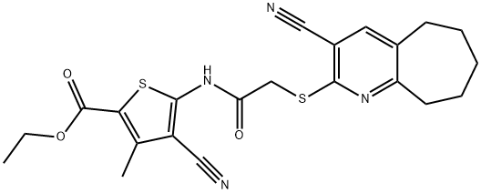 ethyl 4-cyano-5-({[(3-cyano-6,7,8,9-tetrahydro-5H-cyclohepta[b]pyridin-2-yl)sulfanyl]acetyl}amino)-3-methyl-2-thiophenecarboxylate Struktur