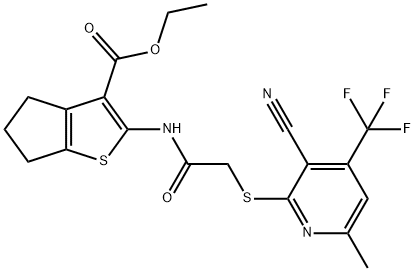 ethyl 2-[({[3-cyano-6-methyl-4-(trifluoromethyl)-2-pyridinyl]sulfanyl}acetyl)amino]-5,6-dihydro-4H-cyclopenta[b]thiophene-3-carboxylate Struktur