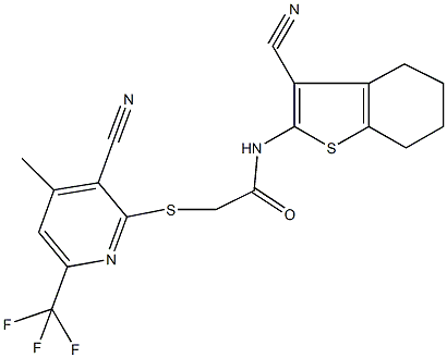 2-{[3-cyano-4-methyl-6-(trifluoromethyl)-2-pyridinyl]sulfanyl}-N-(3-cyano-4,5,6,7-tetrahydro-1-benzothien-2-yl)acetamide Struktur