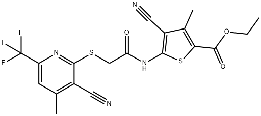 ethyl 4-cyano-5-[({[3-cyano-4-methyl-6-(trifluoromethyl)-2-pyridinyl]sulfanyl}acetyl)amino]-3-methyl-2-thiophenecarboxylate Struktur