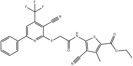 ethyl 4-cyano-5-[({[3-cyano-6-phenyl-4-(trifluoromethyl)-2-pyridinyl]sulfanyl}acetyl)amino]-3-methyl-2-thiophenecarboxylate Struktur