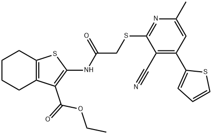 ethyl 2-[({[3-cyano-6-methyl-4-(2-thienyl)-2-pyridinyl]sulfanyl}acetyl)amino]-4,5,6,7-tetrahydro-1-benzothiophene-3-carboxylate Struktur