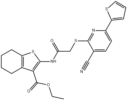 ethyl 2-[({[3-cyano-6-(2-thienyl)-2-pyridinyl]sulfanyl}acetyl)amino]-4,5,6,7-tetrahydro-1-benzothiophene-3-carboxylate Struktur