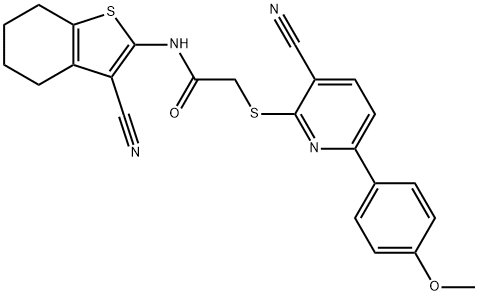 2-{[3-cyano-6-(4-methoxyphenyl)-2-pyridinyl]sulfanyl}-N-(3-cyano-4,5,6,7-tetrahydro-1-benzothien-2-yl)acetamide Struktur