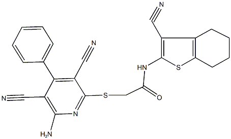 2-[(6-amino-3,5-dicyano-4-phenyl-2-pyridinyl)sulfanyl]-N-(3-cyano-4,5,6,7-tetrahydro-1-benzothien-2-yl)acetamide Struktur