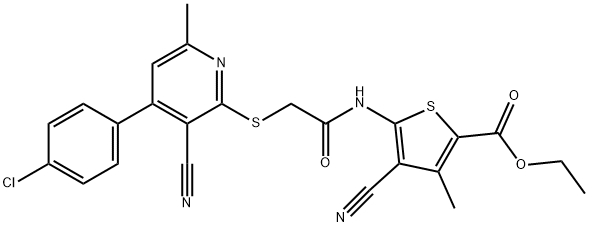 ethyl 5-[({[4-(4-chlorophenyl)-3-cyano-6-methyl-2-pyridinyl]sulfanyl}acetyl)amino]-4-cyano-3-methyl-2-thiophenecarboxylate Struktur