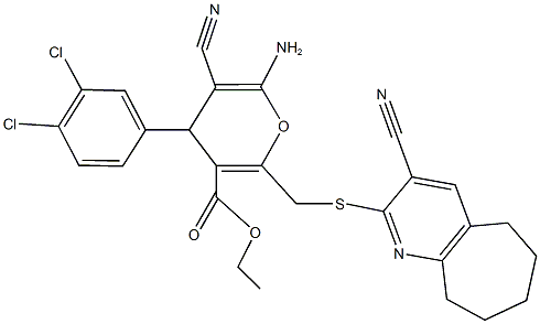 ethyl 6-amino-5-cyano-2-{[(3-cyano-6,7,8,9-tetrahydro-5H-cyclohepta[b]pyridin-2-yl)sulfanyl]methyl}-4-(3,4-dichlorophenyl)-4H-pyran-3-carboxylate Struktur