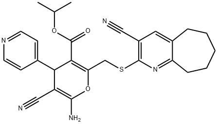 isopropyl 6-amino-5-cyano-2-{[(3-cyano-6,7,8,9-tetrahydro-5H-cyclohepta[b]pyridin-2-yl)sulfanyl]methyl}-4-(4-pyridinyl)-4H-pyran-3-carboxylate Struktur